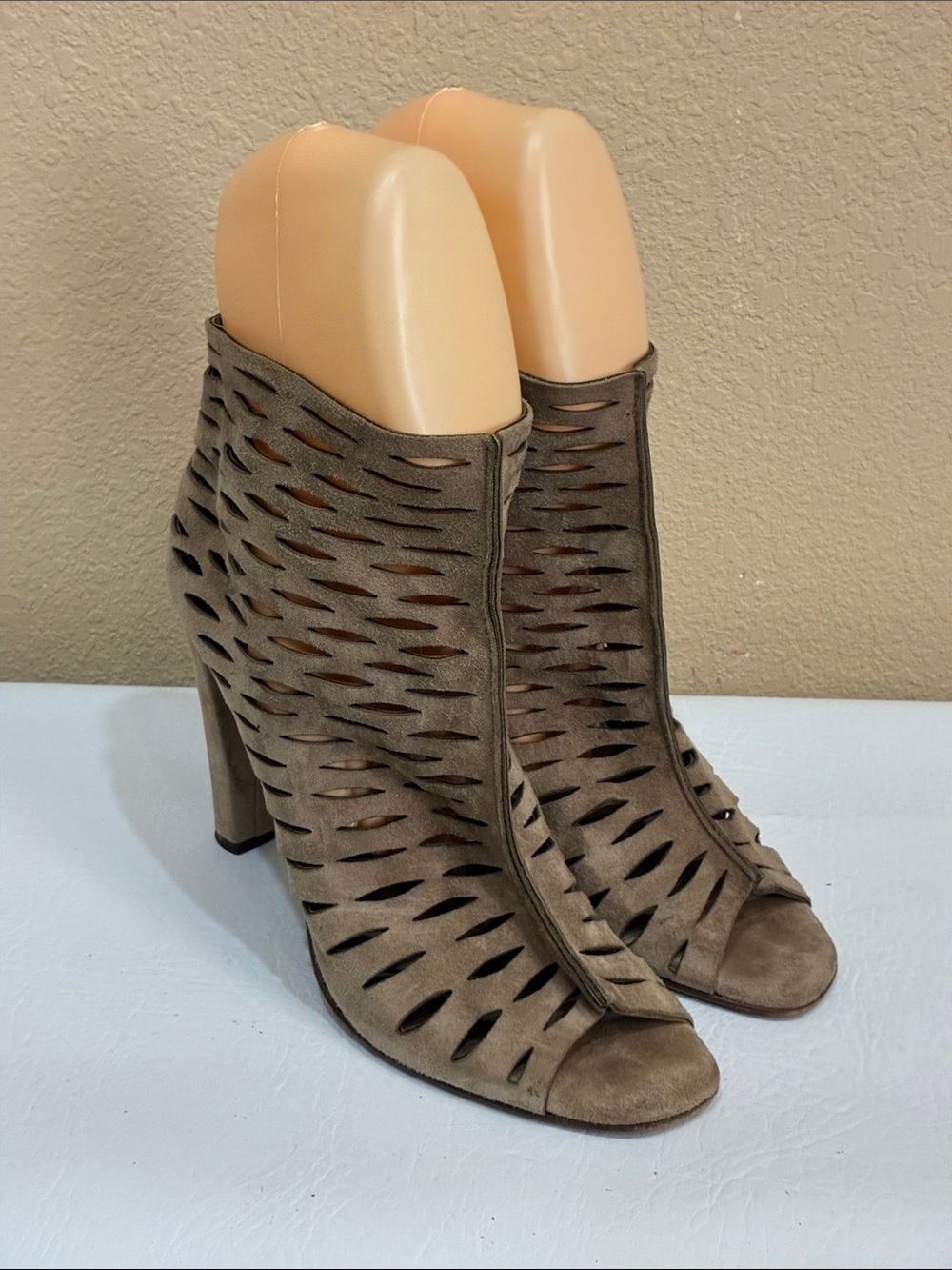 Diane Von Furstenberg Taupe Cutout Peep-Toe Suede Heel